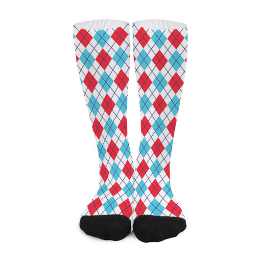 White Red And Blue Argyle Pattern Print Long Socks