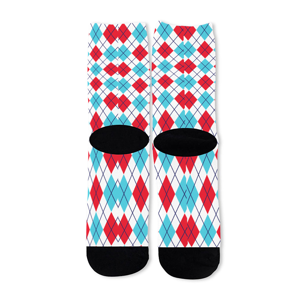 White Red And Blue Argyle Pattern Print Long Socks