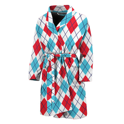 White Red And Blue Argyle Pattern Print Men's Bathrobe