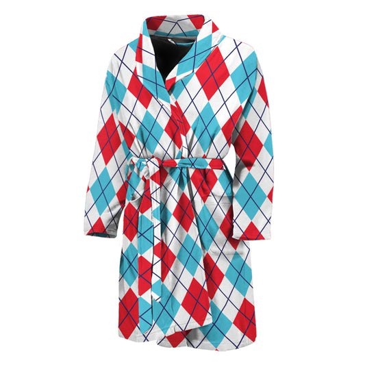 White Red And Blue Argyle Pattern Print Men's Bathrobe