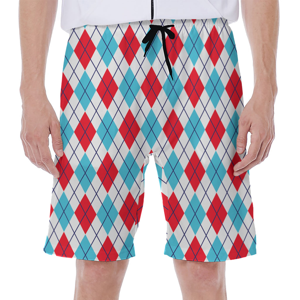 White Red And Blue Argyle Pattern Print Men's Beach Shorts