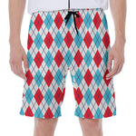 White Red And Blue Argyle Pattern Print Men's Beach Shorts