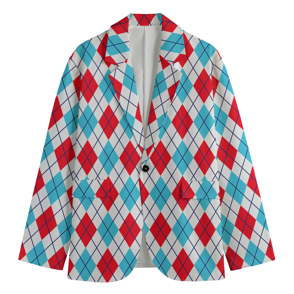 White Red And Blue Argyle Pattern Print Men's Blazer