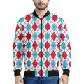 White Red And Blue Argyle Pattern Print Men's Bomber Jacket