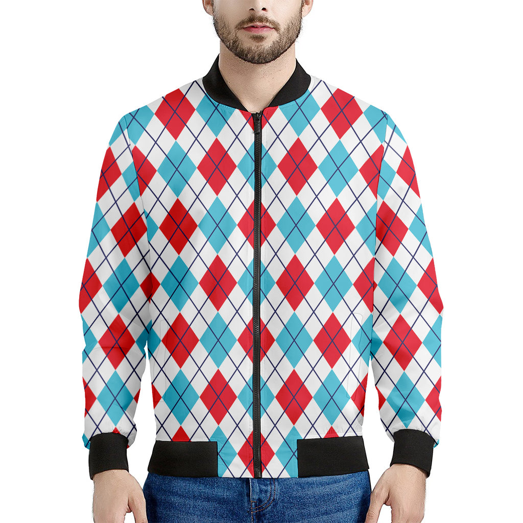 White Red And Blue Argyle Pattern Print Men's Bomber Jacket