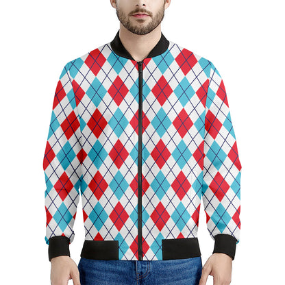 White Red And Blue Argyle Pattern Print Men's Bomber Jacket