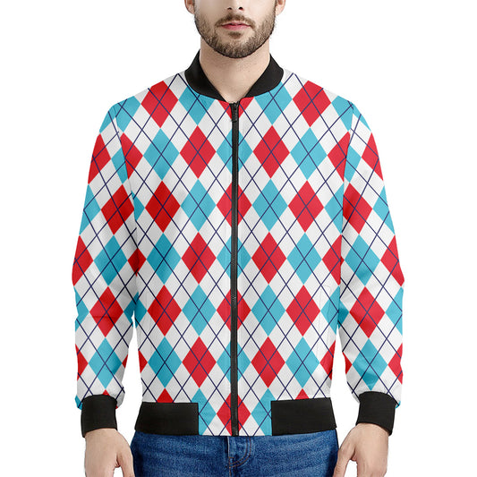 White Red And Blue Argyle Pattern Print Men's Bomber Jacket