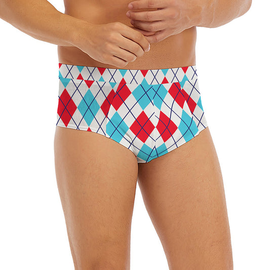 White Red And Blue Argyle Pattern Print Men's Briefs