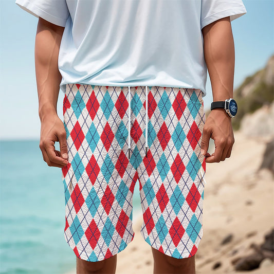 White Red And Blue Argyle Pattern Print Men's Cargo Shorts