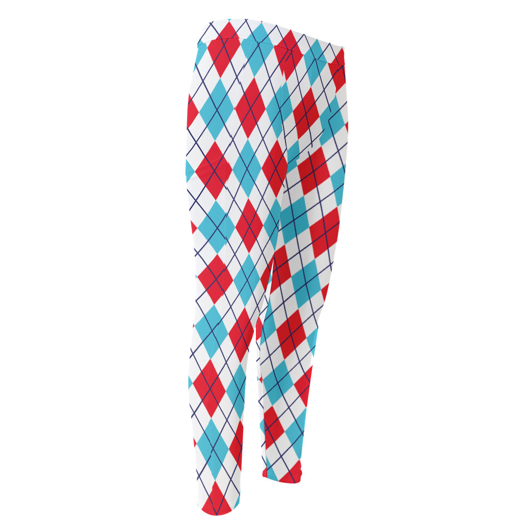 White Red And Blue Argyle Pattern Print Men's Compression Pants