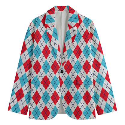 White Red And Blue Argyle Pattern Print Men's Cotton Blazer