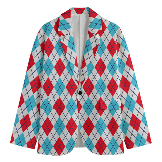 White Red And Blue Argyle Pattern Print Men's Cotton Blazer
