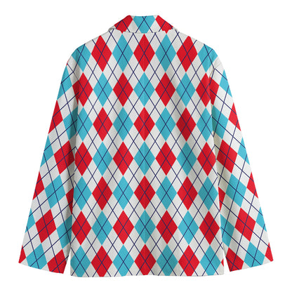 White Red And Blue Argyle Pattern Print Men's Cotton Blazer