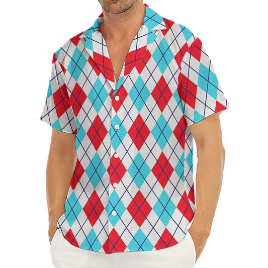 White Red And Blue Argyle Pattern Print Men's Deep V-Neck Shirt