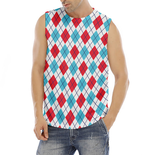 White Red And Blue Argyle Pattern Print Men's Fitness Tank Top