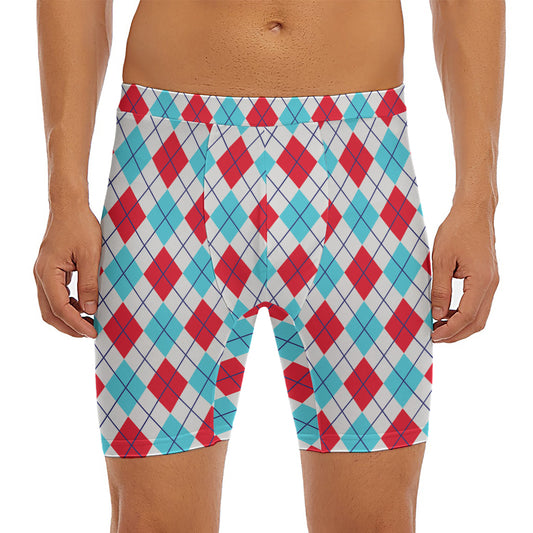 White Red And Blue Argyle Pattern Print Men's Long Boxer Briefs