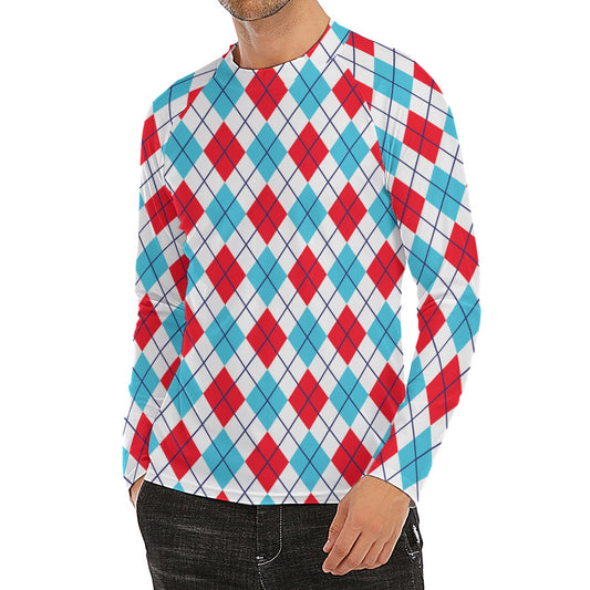White Red And Blue Argyle Pattern Print Men's Long Sleeve Rash Guard