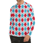 White Red And Blue Argyle Pattern Print Men's Long Sleeve Rash Guard
