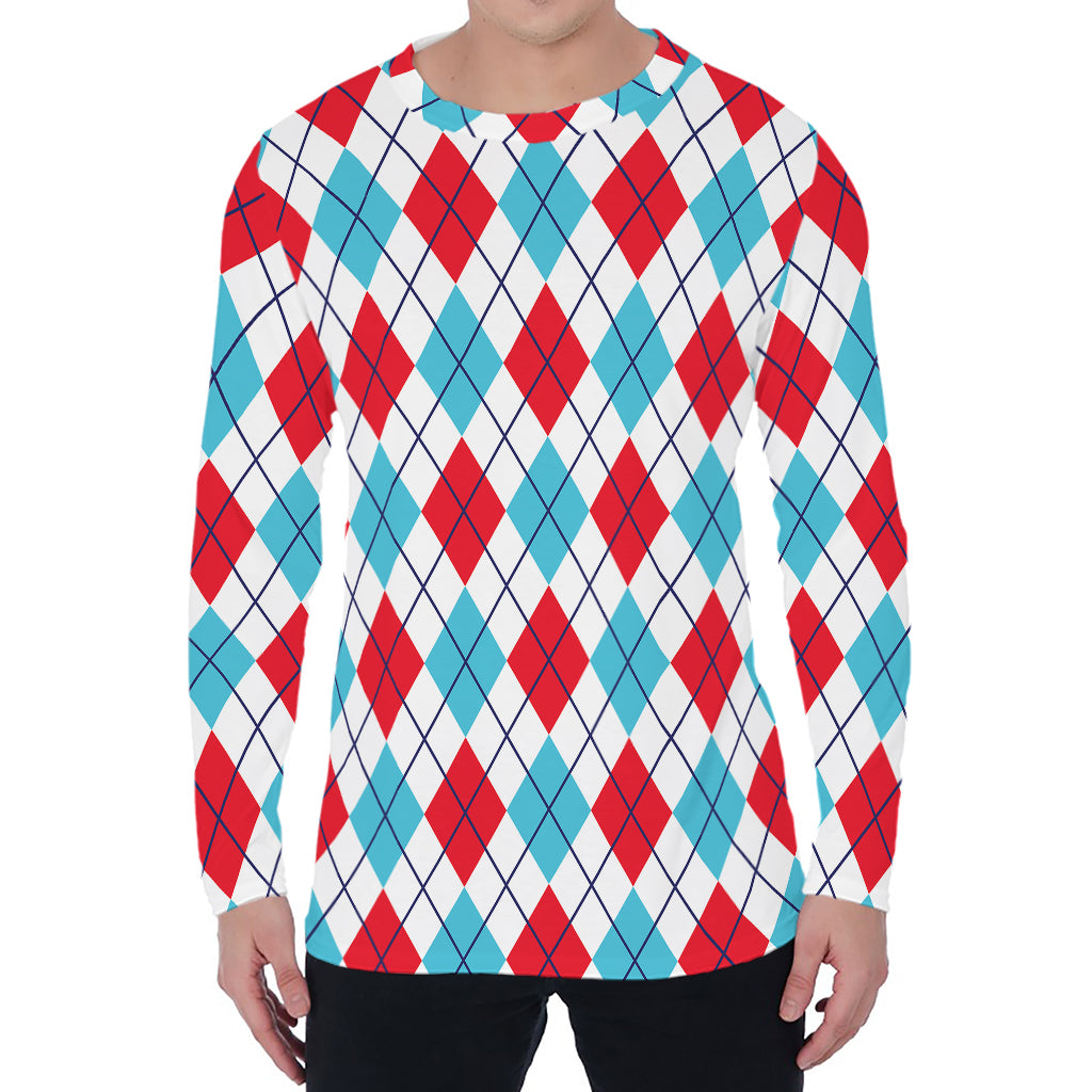 White Red And Blue Argyle Pattern Print Men's Long Sleeve T-Shirt