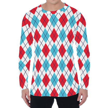 White Red And Blue Argyle Pattern Print Men's Long Sleeve T-Shirt