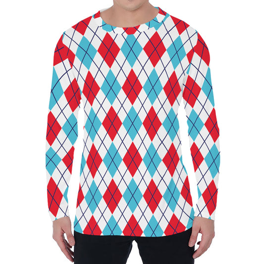 White Red And Blue Argyle Pattern Print Men's Long Sleeve T-Shirt