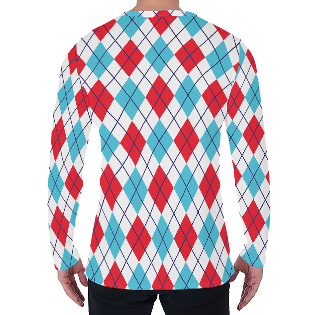 White Red And Blue Argyle Pattern Print Men's Long Sleeve T-Shirt