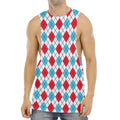 White Red And Blue Argyle Pattern Print Men's Muscle Tank Top