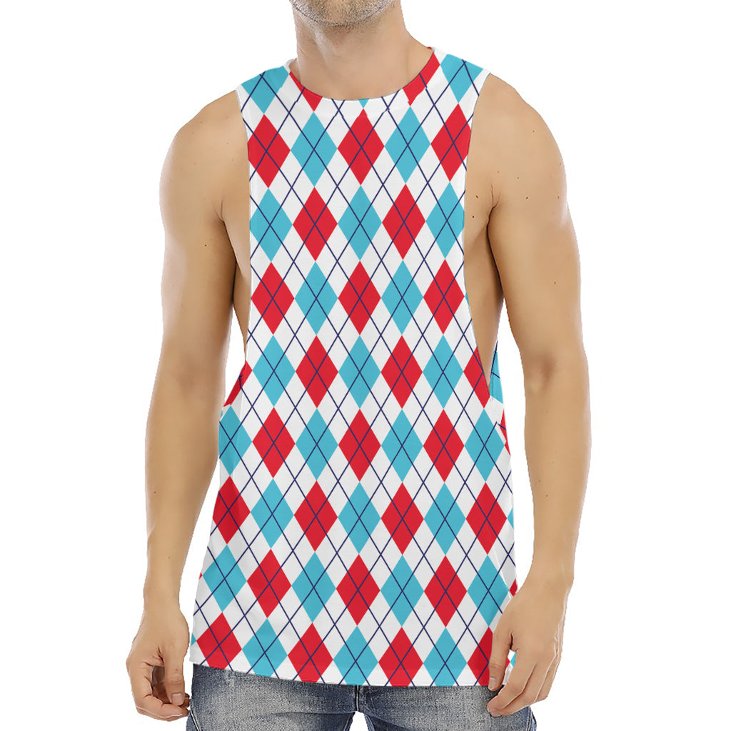 White Red And Blue Argyle Pattern Print Men's Muscle Tank Top