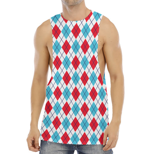 White Red And Blue Argyle Pattern Print Men's Muscle Tank Top