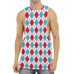 White Red And Blue Argyle Pattern Print Men's Muscle Tank Top