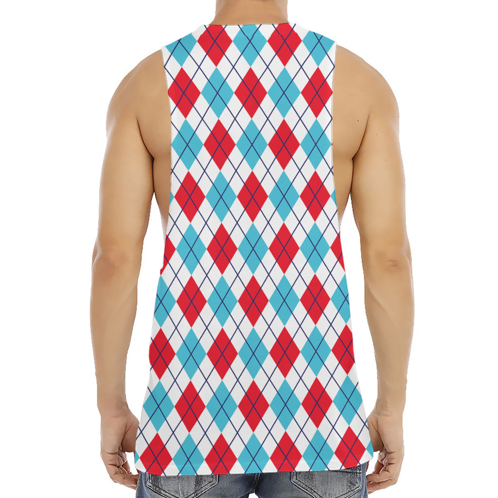 White Red And Blue Argyle Pattern Print Men's Muscle Tank Top