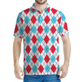 White Red And Blue Argyle Pattern Print Men's Polo Shirt