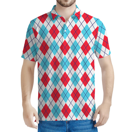 White Red And Blue Argyle Pattern Print Men's Polo Shirt