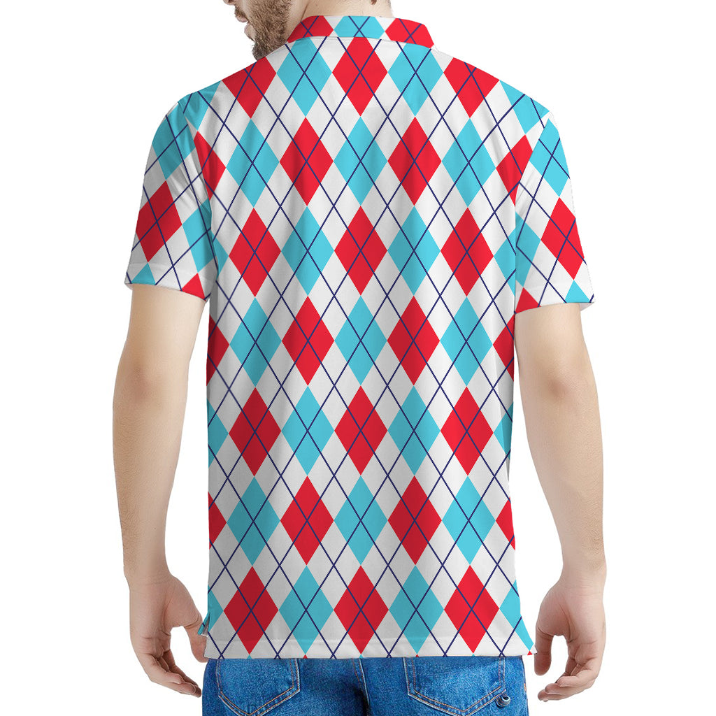 White Red And Blue Argyle Pattern Print Men's Polo Shirt