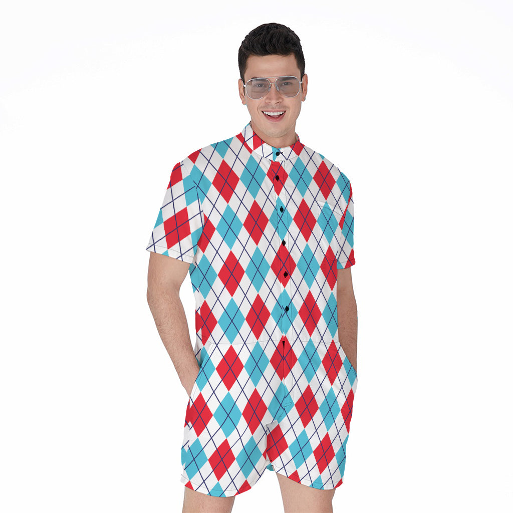 White Red And Blue Argyle Pattern Print Men's Rompers
