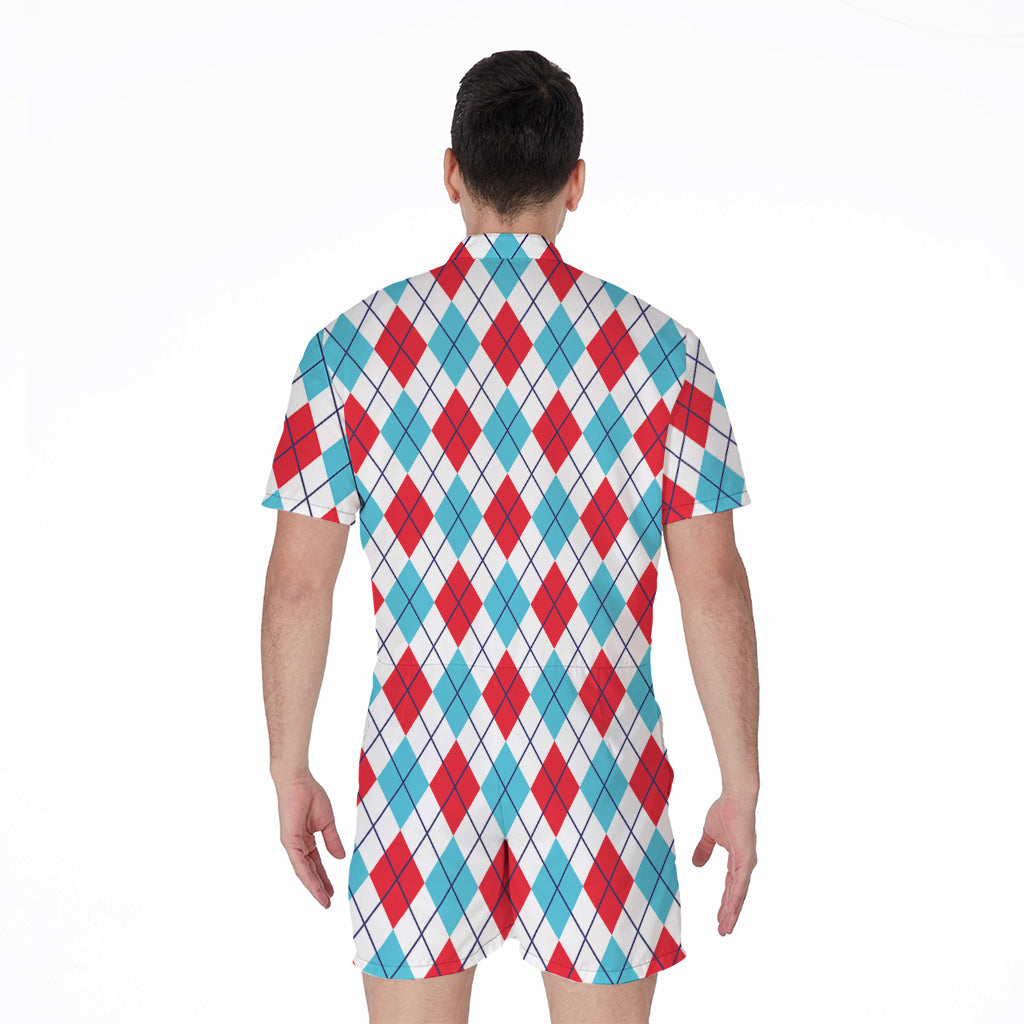 White Red And Blue Argyle Pattern Print Men's Rompers