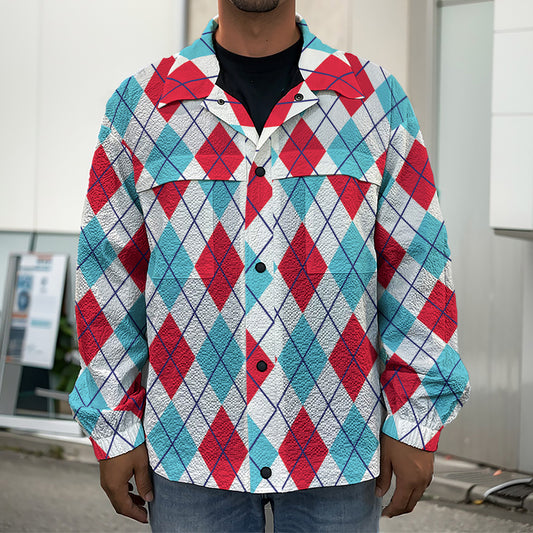 White Red And Blue Argyle Pattern Print Men's Shirt Jacket