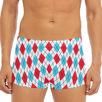 White Red And Blue Argyle Pattern Print Men's Short Boxer Briefs