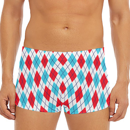 White Red And Blue Argyle Pattern Print Men's Short Boxer Briefs