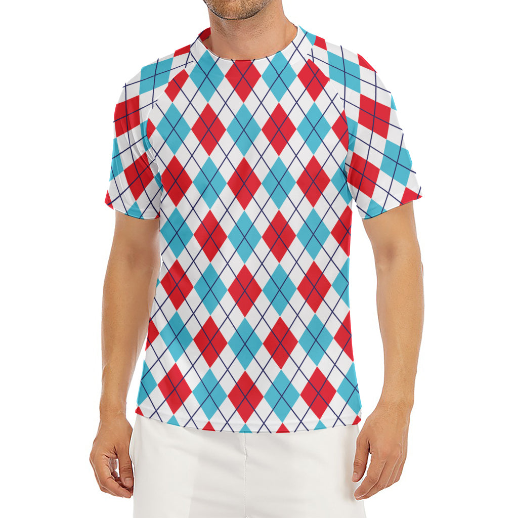 White Red And Blue Argyle Pattern Print Men's Short Sleeve Rash Guard