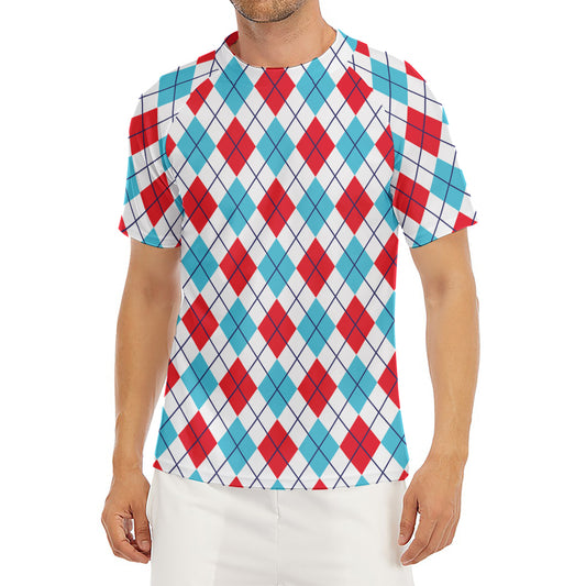 White Red And Blue Argyle Pattern Print Men's Short Sleeve Rash Guard