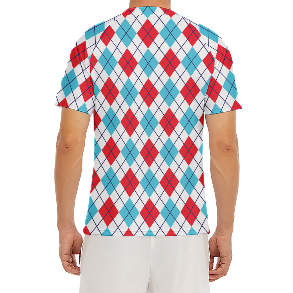 White Red And Blue Argyle Pattern Print Men's Short Sleeve Rash Guard