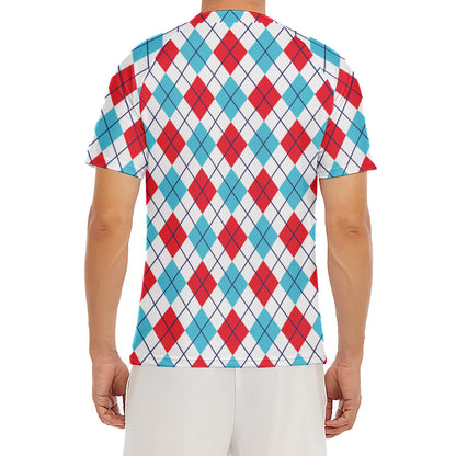 White Red And Blue Argyle Pattern Print Men's Short Sleeve Rash Guard