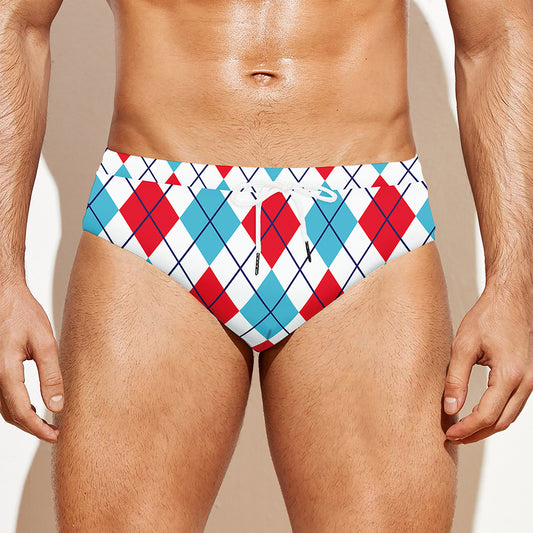 White Red And Blue Argyle Pattern Print Men's Swim Briefs