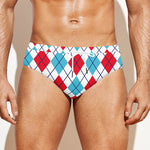 White Red And Blue Argyle Pattern Print Men's Swim Briefs