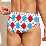 White Red And Blue Argyle Pattern Print Men's Swim Briefs