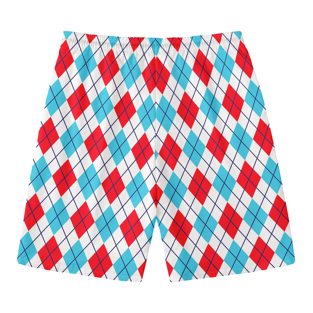 White Red And Blue Argyle Pattern Print Men's Swim Trunks