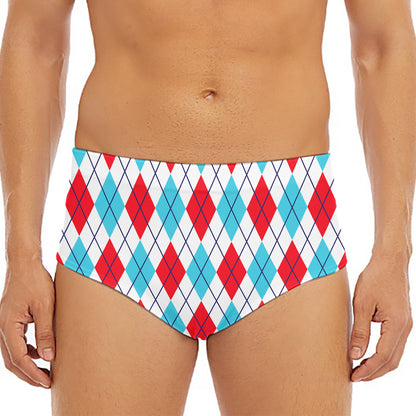 White Red And Blue Argyle Pattern Print Men's Triangle Swim Briefs