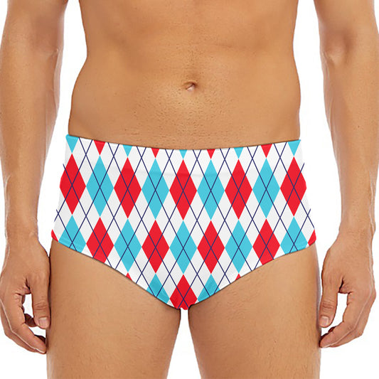 White Red And Blue Argyle Pattern Print Men's Triangle Swim Briefs