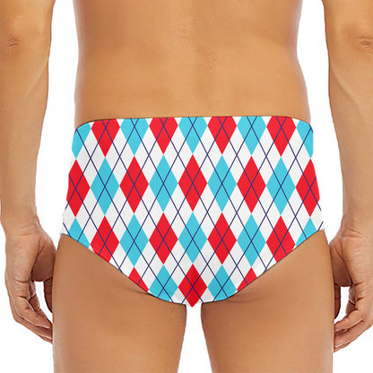 White Red And Blue Argyle Pattern Print Men's Triangle Swim Briefs